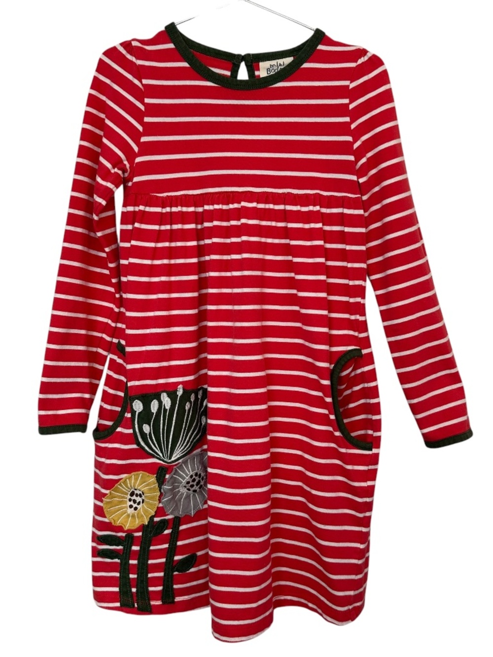 Mini Boden Girls 7-8Y Striped Floral Appliqué Dress Cottagecore Whimsical Scandi